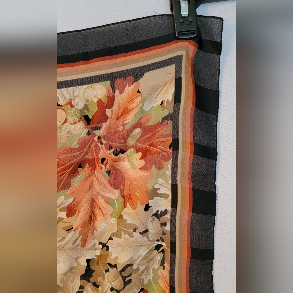 Vintage Scarf Made in Italy Leaves in Black, Orange, Brown Tones - Picture 4 of 7